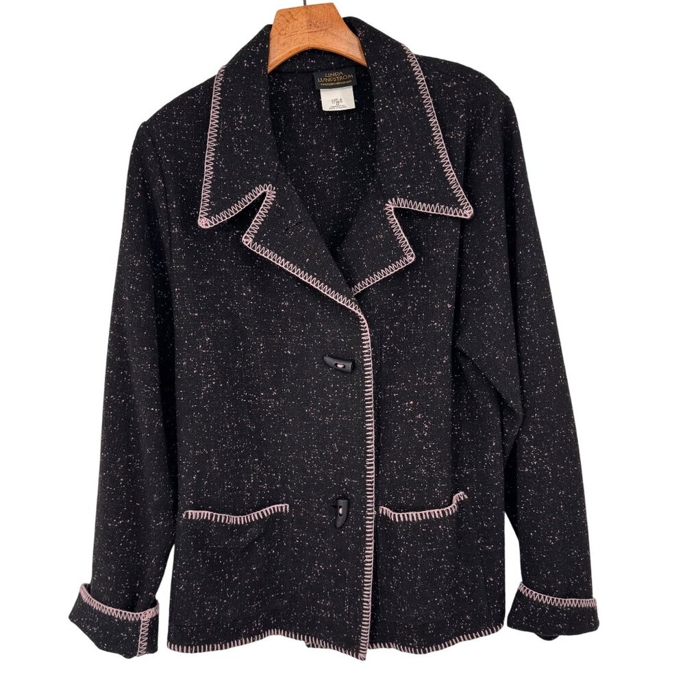 Linda Lundström Womens Black sweater knit Jacket Pink Trim Size 12 Canada